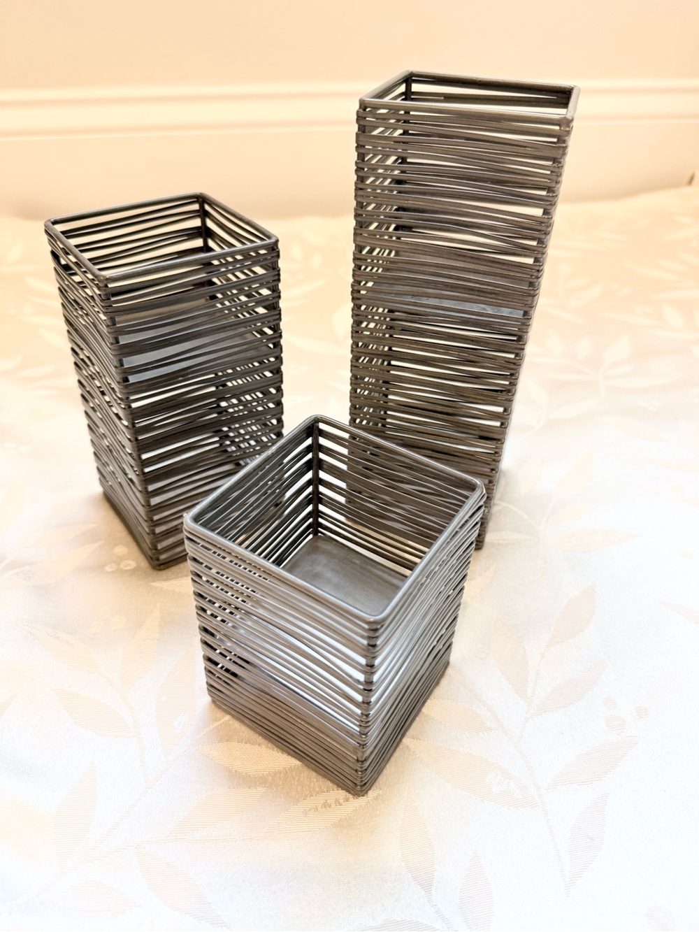 Set of 3 Modern Metal Wire Square Candle Holders- Silver